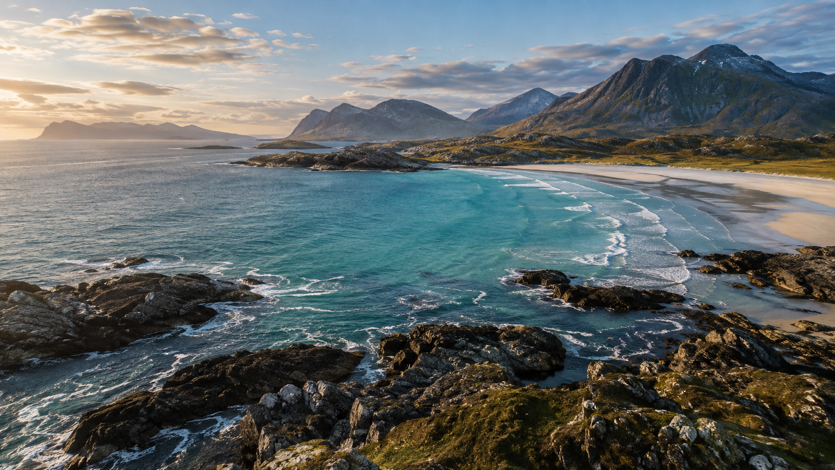 Illustrative aerial scene of a rocky coastline and turquoise water